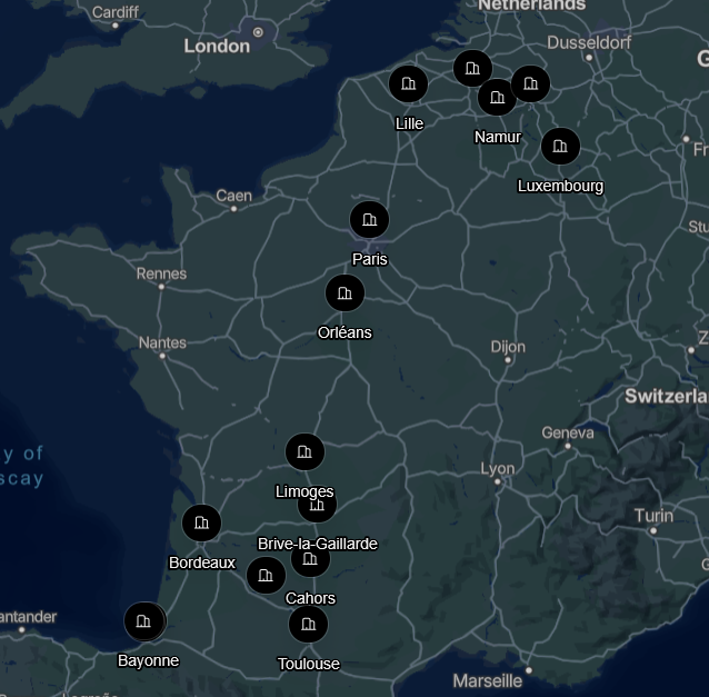 Carte des zones de déplacement DRADiS en France, en Belgique et au Luxembourg. Les villes sont également énumérées dans les encadrés ci-dessus.
